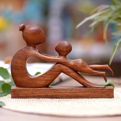 Alternate image for Hand-Carved Suar Wood Mother and Child Sculpture from Bali Playful Mother