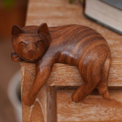 Alternate image for Signed Balinese Tabby Cat Sculpture Smiling Cat Relaxes