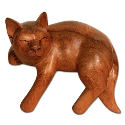 Alternate image for Signed Balinese Tabby Cat Sculpture Smiling Cat Relaxes