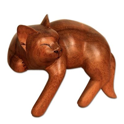 Alternate image for Signed Balinese Tabby Cat Sculpture Smiling Cat Relaxes