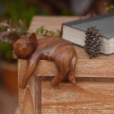 Alternate image for Signed Balinese Tabby Cat Sculpture Smiling Cat Relaxes