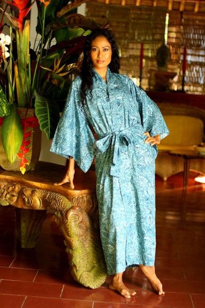 Alternate image for Artisan Crafted Long Batik Cotton Robe for Women Blue Forest