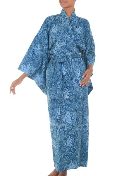 Alternate image for Artisan Crafted Long Batik Cotton Robe for Women Blue Forest