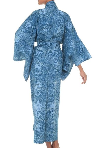 Alternate image for Artisan Crafted Long Batik Cotton Robe for Women Blue Forest