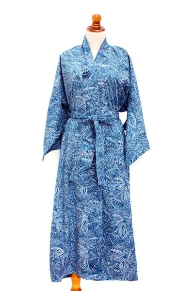 Alternate image for Artisan Crafted Long Batik Cotton Robe for Women Blue Forest