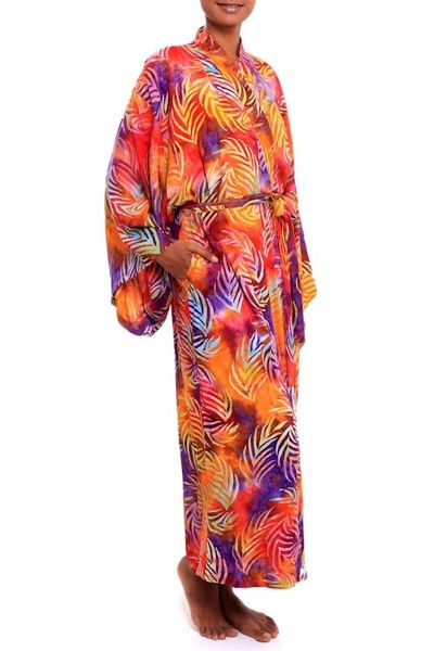 Alternate image for Red Orange Batik Print Long Sleeved Rayon Robe with Belt Sunset Grove