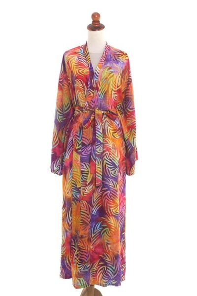 Alternate image for Red Orange Batik Print Long Sleeved Rayon Robe with Belt Sunset Grove