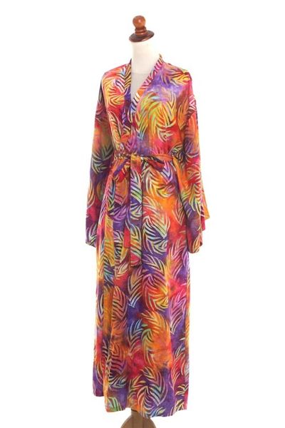 Alternate image for Red Orange Batik Print Long Sleeved Rayon Robe with Belt Sunset Grove