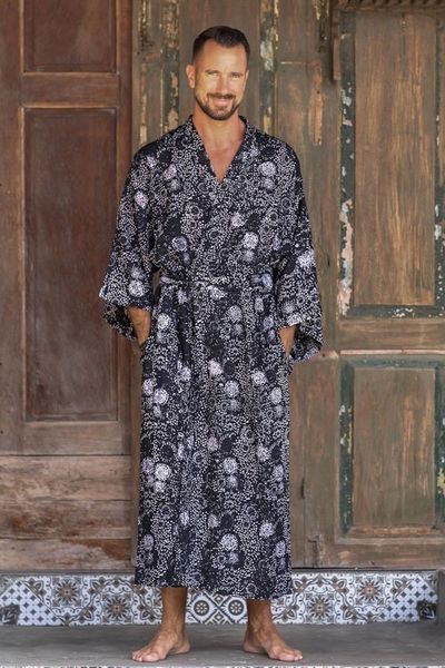 Alternate image for Mens Black Batik Patterned Robe Midnight Stars