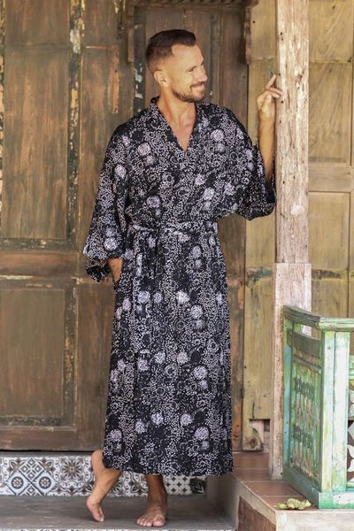 Alternate image for Mens Black Batik Patterned Robe Midnight Stars