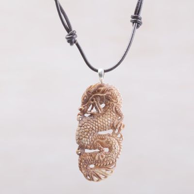 Alternate image for Bone and Leather Dragon Pendant Necklace from Indonesia Snarling Dragon