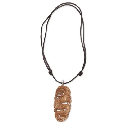 Alternate image for Bone and Leather Dragon Pendant Necklace from Indonesia Snarling Dragon
