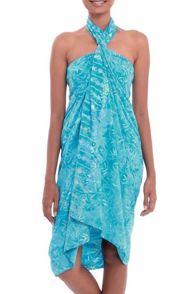 Alternate image for Leaf Motif Batik Rayon Sarong in Blue from Bali Cerulean Eden