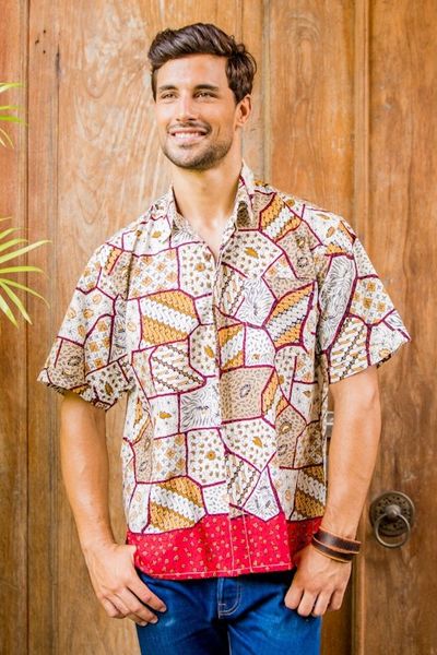 Alternate image for Mens Short Sleeve Cotton Batik Button Shirt with Pocket Island Classic