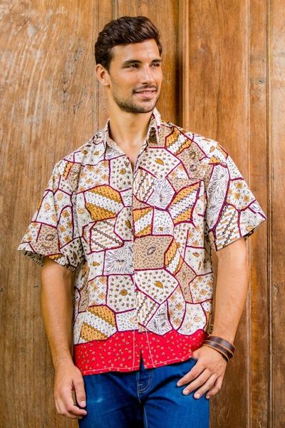 Alternate image for Mens Short Sleeve Cotton Batik Button Shirt with Pocket Island Classic