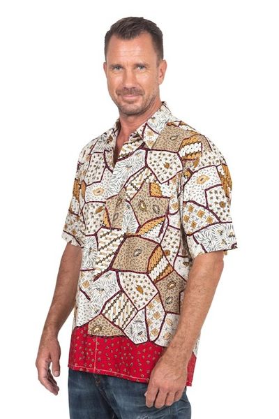 Alternate image for Mens Short Sleeve Cotton Batik Button Shirt with Pocket Island Classic