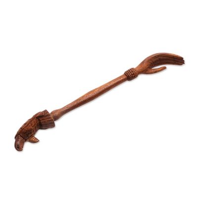 Alternate image for Turtle Themed Wood Back Scratcher Hand Carved in Bali Turtle Relief in Natural