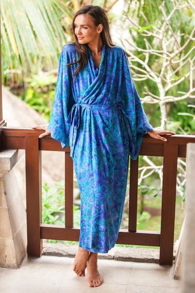 Alternate image for Blue and Green Batik Leaf Long Sleeved Rayon Robe with Belt Mystery Grove