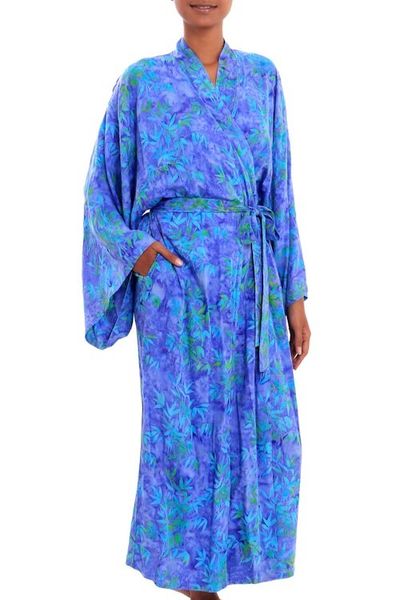 Alternate image for Blue and Green Batik Leaf Long Sleeved Rayon Robe with Belt Mystery Grove