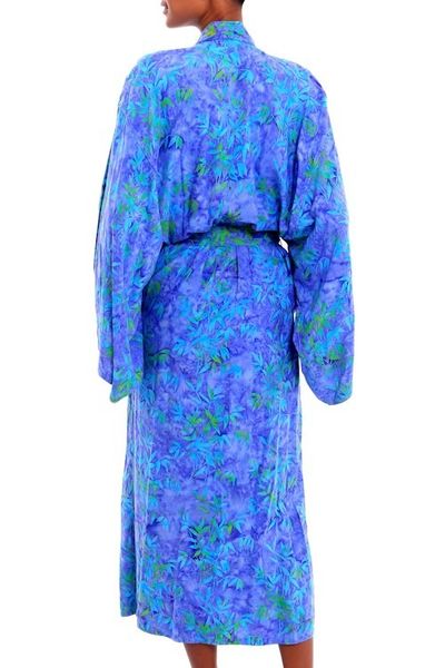 Alternate image for Blue and Green Batik Leaf Long Sleeved Rayon Robe with Belt Mystery Grove