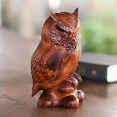 Alternate image for Fair Trade Wood Bird Sculpture Crested Owl
