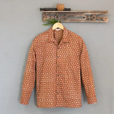 Alternate image for Russet and Salamander Geometric Batik Cotton Shirt for Men Denpasar Gentleman in Russet