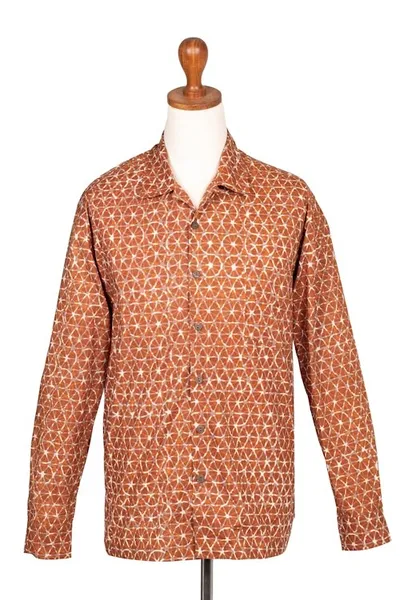 Alternate image for Russet and Salamander Geometric Batik Cotton Shirt for Men Denpasar Gentleman in Russet
