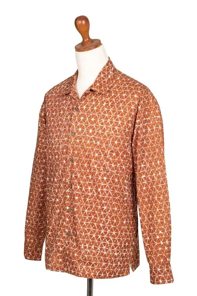 Alternate image for Russet and Salamander Geometric Batik Cotton Shirt for Men Denpasar Gentleman in Russet