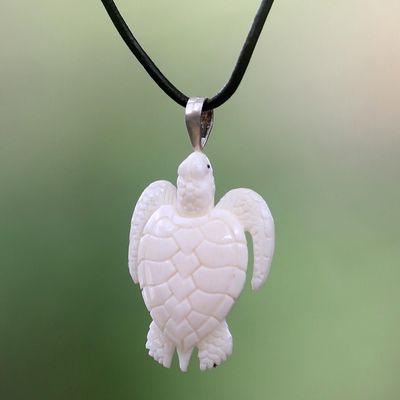 Alternate image for Hand Crafted White Turtle Pendant on Leather Cord Necklace White Turtle