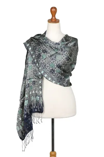 Alternate image for Fair Trade Batik Silk Patterned Blue Shawl Java Starlight