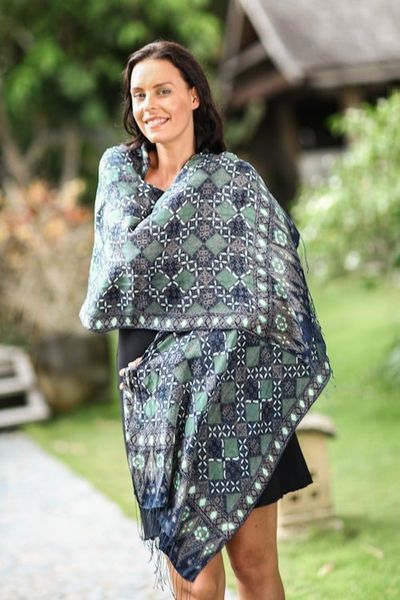 Alternate image for Fair Trade Batik Silk Patterned Blue Shawl Java Starlight