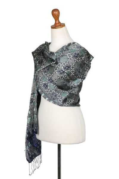 Alternate image for Fair Trade Batik Silk Patterned Blue Shawl Java Starlight