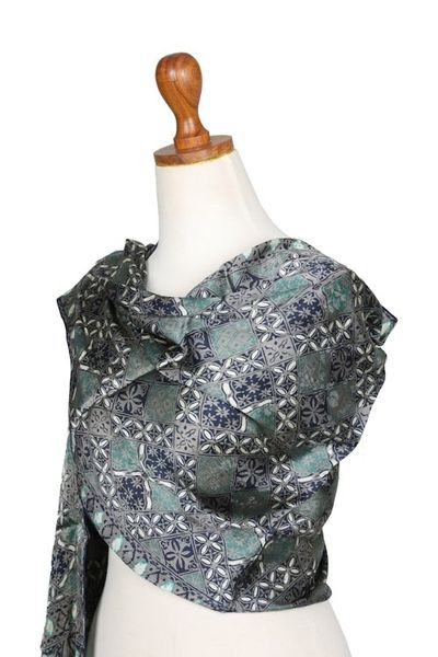 Alternate image for Fair Trade Batik Silk Patterned Blue Shawl Java Starlight