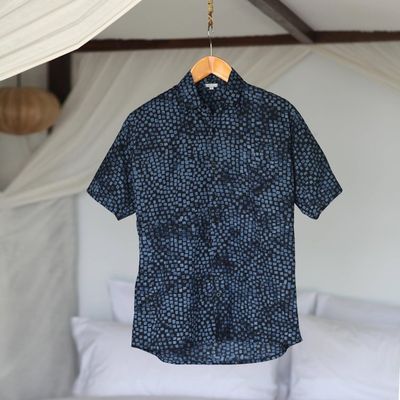 Alternate image for Mens 100 Cotton Navy Short Sleeve Batik Shirt Pixel Play