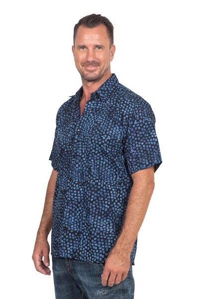 Alternate image for Mens 100 Cotton Navy Short Sleeve Batik Shirt Pixel Play