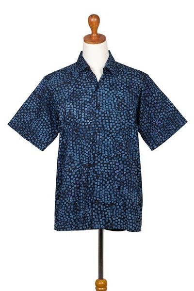 Alternate image for Mens 100 Cotton Navy Short Sleeve Batik Shirt Pixel Play
