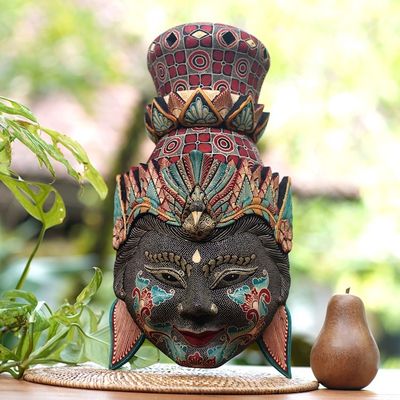 Alternate image for Handcrafted Batik Pule Wood Rama Mask with Bird Detail Powerful Rama