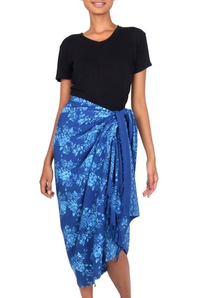 Alternate image for Hand Stamped Blue Batik Sarong in 100 Rayon Blue Rose