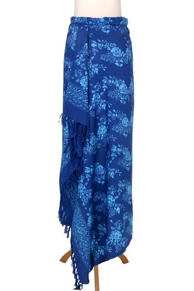 Alternate image for Hand Stamped Blue Batik Sarong in 100 Rayon Blue Rose