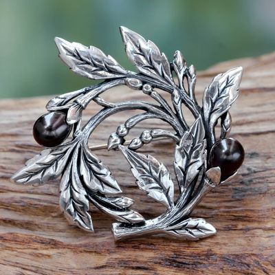 Alternate image for Sterling Silver Floral Brooch Pin with Cultured Black Pearls Ebony Buds