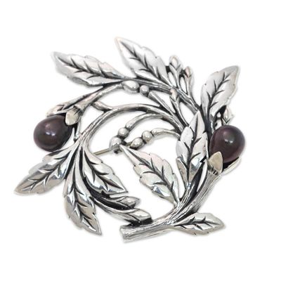 Alternate image for Sterling Silver Floral Brooch Pin with Cultured Black Pearls Ebony Buds