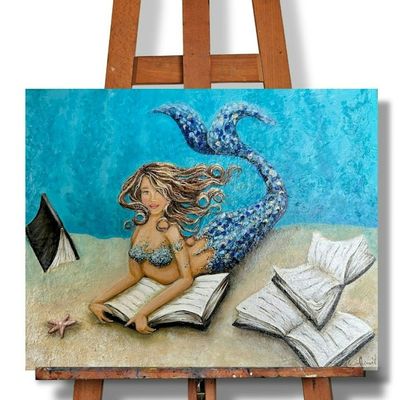 Alternate image for Mermaid Reading under the sea textured painting
