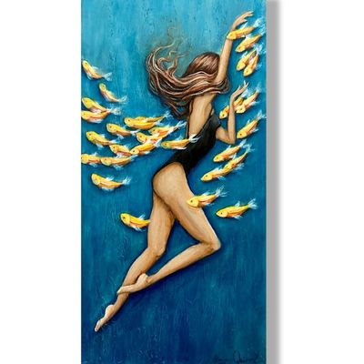 Alternate image for Woman swimming underwater with fish painting