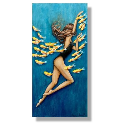 Alternate image for Woman swimming underwater with fish painting