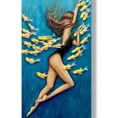 Alternate image for Woman swimming underwater with fish painting