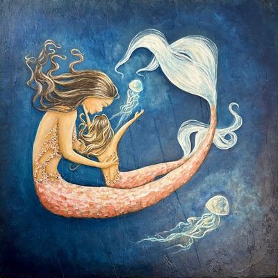 Alternate image for Navy Mermaid Mother and Daughter Acrylic Painting