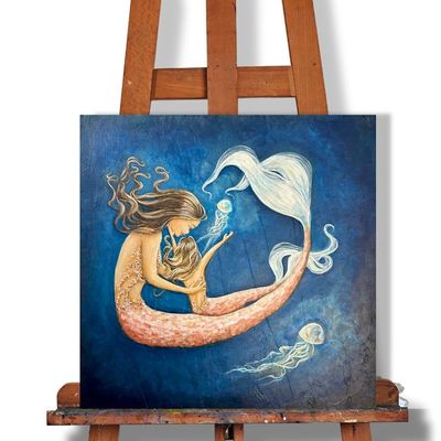 Alternate image for Navy Mermaid Mother and Daughter Acrylic Painting