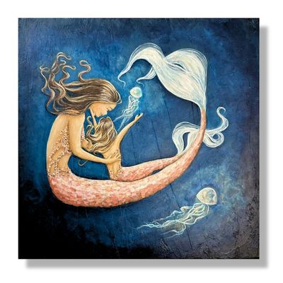 Alternate image for Navy Mermaid Mother and Daughter Acrylic Painting