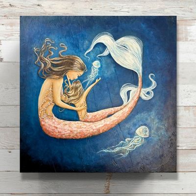 Alternate image for Navy Mermaid Mother and Daughter Acrylic Painting