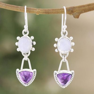 Main image for Rainbow Moonstone Dangle Earrings with 5-Carat Amethyst Gems Harmonious Purple